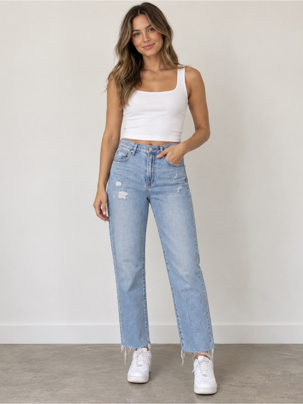 Hidden Los Angeles 27 Light Wash High Rise Straight Leg Distressed Raw Hem Jeans